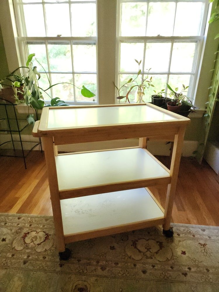 Wood White Laminate Bar Cart Side Table Kitchen Island On Wheels