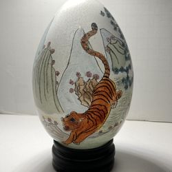 Vintage Chinese Glass Egg Reverse Hand Painted Tiger Landscape & Stand