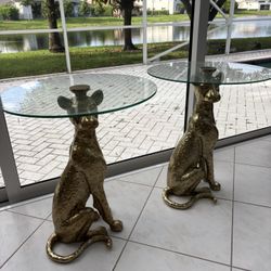 PAIR of 26” Tall Leopard Cheetah Panther Tables With 23” Round Glass Top. Perfect. Like New.  2 For ….