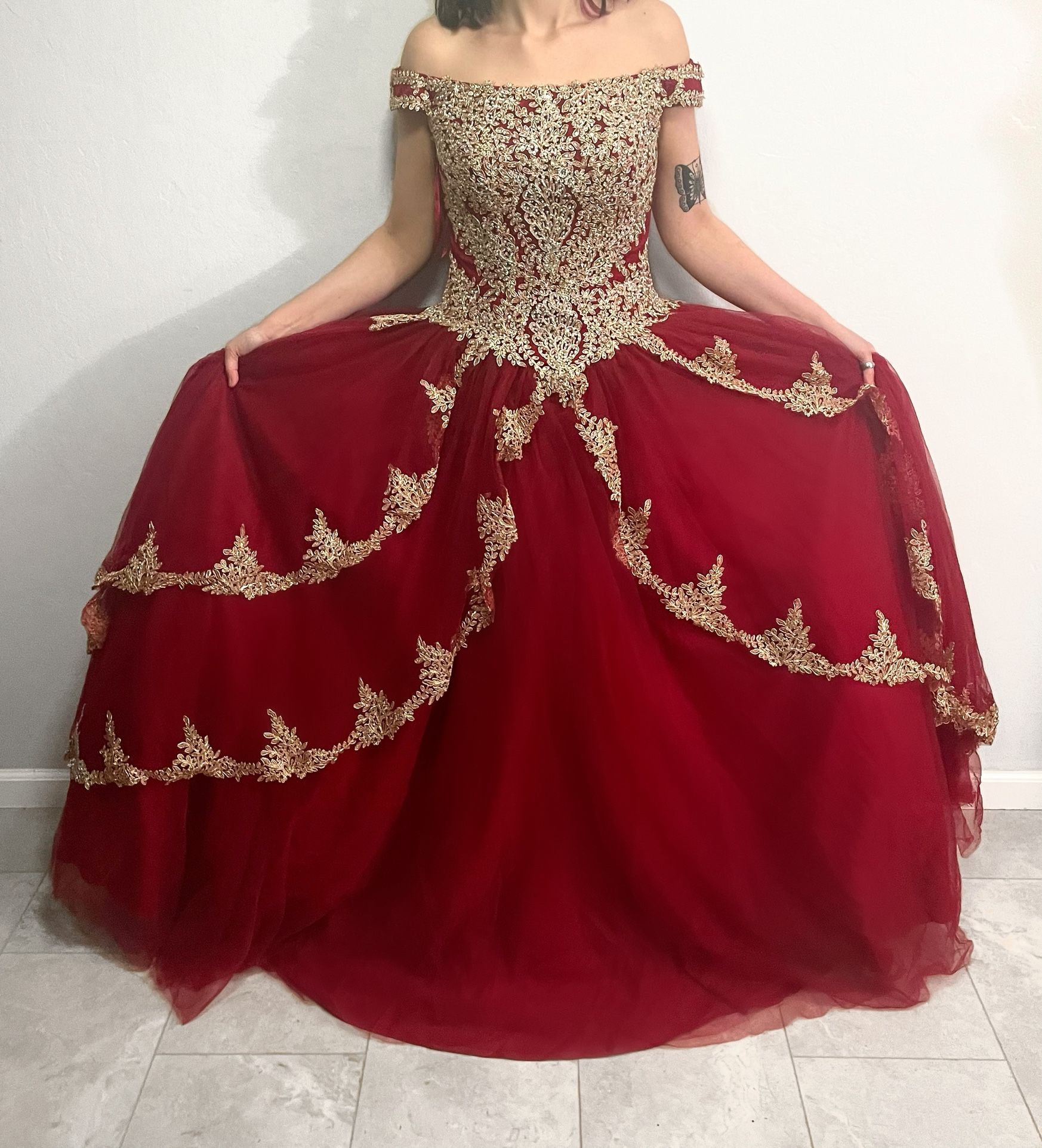 Long Red and Gold Beaded Lace Dress