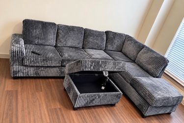 NEW IN BOX -Charcoal Grey Fluffy Cord  Sectional Free Ottoman -FINANCE AVAILABLE