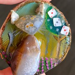 Tiny Resin And Gemstone Art On Wood Slice Magnet