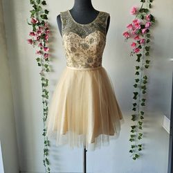 Gold-Champagne Illusion Sweetheart Neckline Glitter Tulle Dress / Available in size 6 or 8