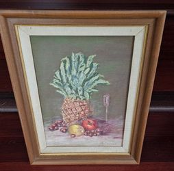Vintage Still Life Pineapple and Fruits Original Oil Painting Framed Signed 13x17