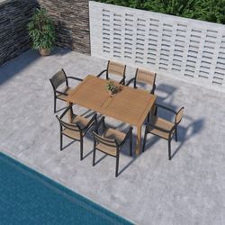 BRAND NEW 7 Pieces Rectangular Stackable Dining Set Made Of 100% FSC Teak Finish Wood For Outdoor & Patio Furniture Set.