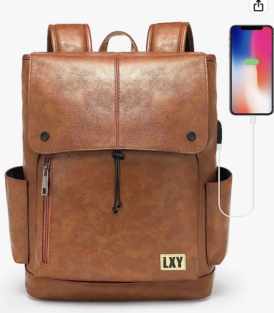 Brand new Leather Backpack, 15.6 Inch brown Faux Leather Laptop Computer Backpacks Purse with USB Charing Port for Women Men