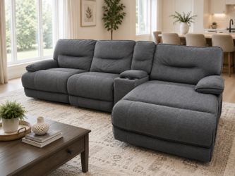 Grey Power Reclining Sectional Sofa with Chaise, Cupholders & 4 USB Ports