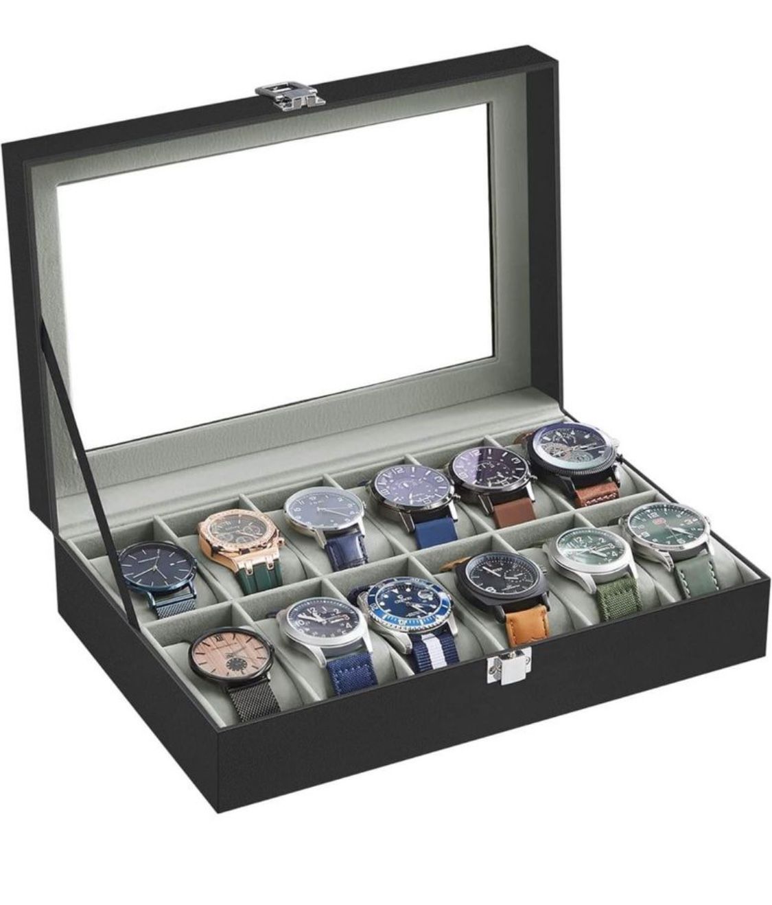    Watch Box, 12-Slot Watch Case with Large Glass Lid, Removable Watch Pillows, Watch Box Organizer, Gift for Loved Ones, Black Synthe