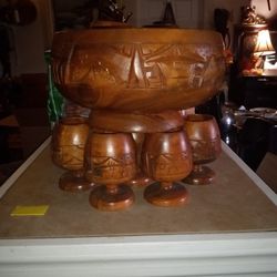 Vintage Carved Punchbowl And Goblets