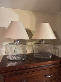 Two Large Pottery Barn Fillable Glass Lamps with Shades