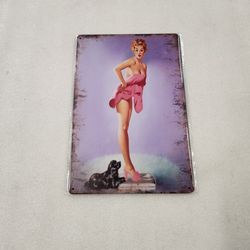 Retro Pinup Girl Weighing Bathroom Scale Metal Sign 