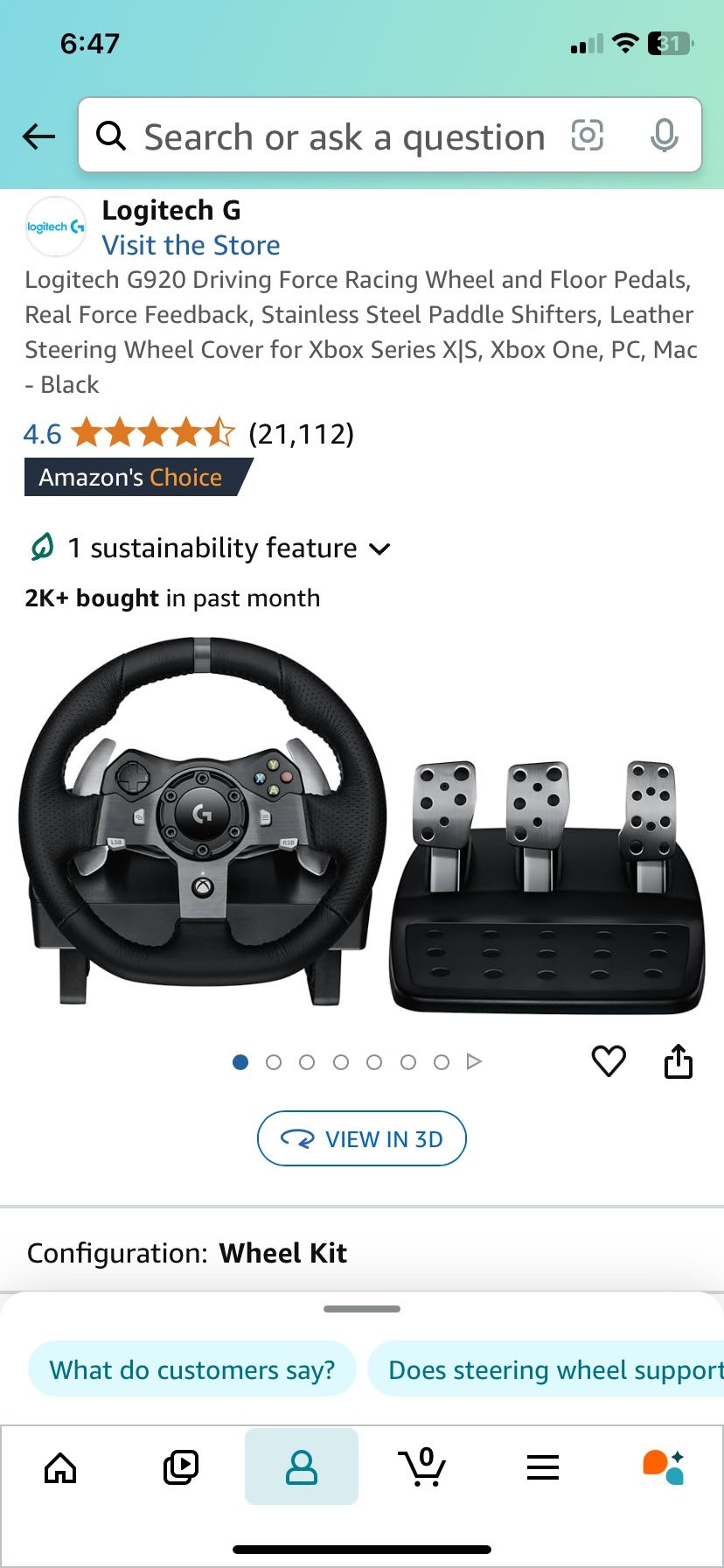 Logitech G920 Driving Force Racing Wheel, Pedals and Stand