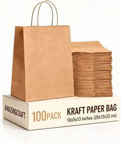 100-Pack Large Kraft Paper Bags 10"x5"x13" (25x13x33 cm), Brown with Handles