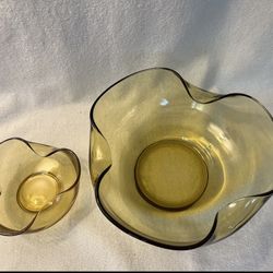 Vintage Anchor Hocking Glass Amber Chip and Dip Bowl Set Tri Fold Mid Century