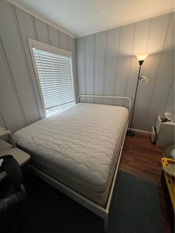Queen Size Bed Frame + Mattress – White Metal Frame