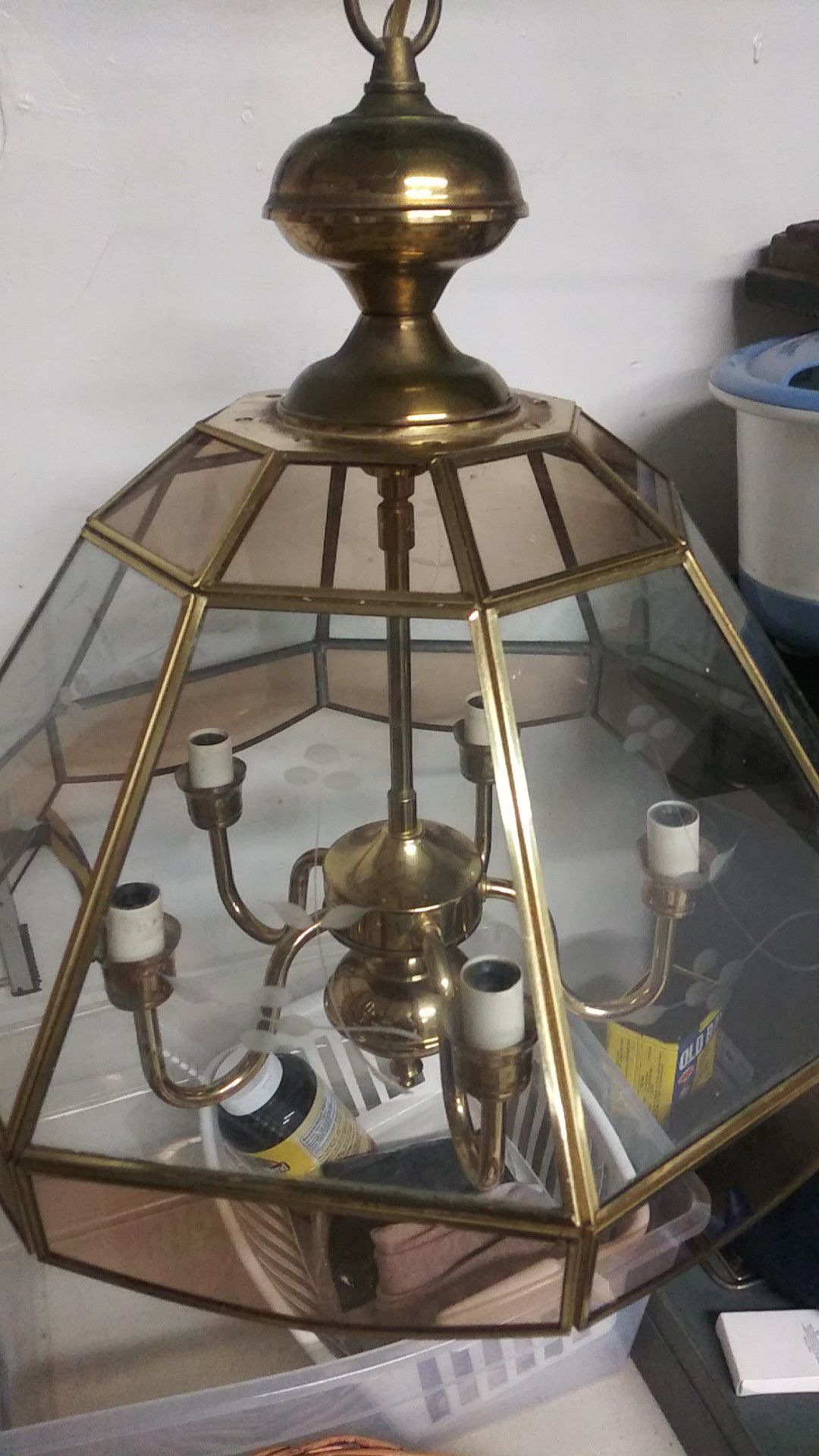 Vintage Sears Hanging lamp. brass and glass pannels.