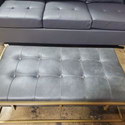 Glam Metal and Tufted Leather Curio Bench  Leather