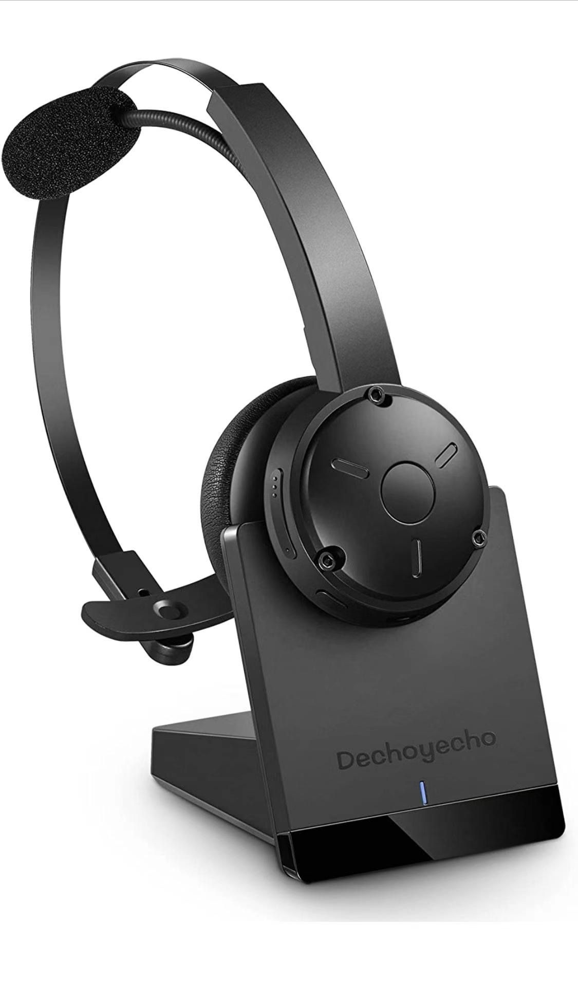 Bluetooth Headset, Dechoyecho Trucker Bluetooth Headset with Microphone Noise Canceling Wireless On Ear Headphone with Charging Base for Cell Phone