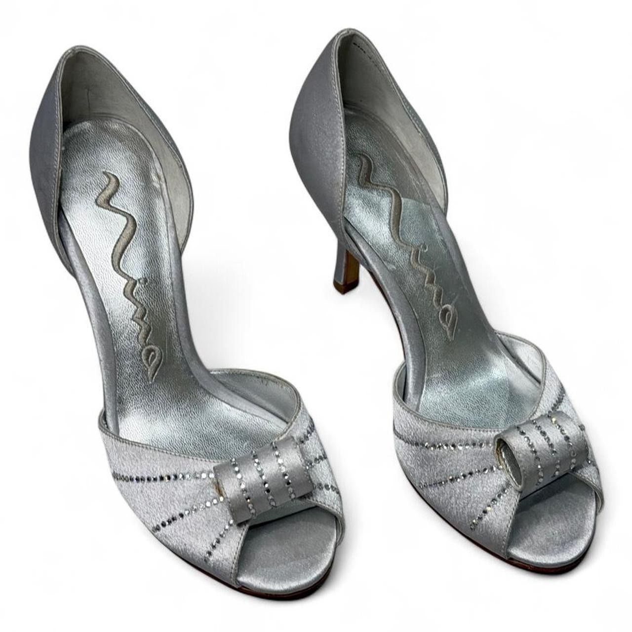 Nina Rhinestone Silk Peep Toe Pump with Ruched Knot in Silver Pearl