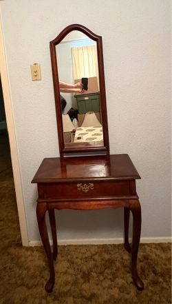 Moving sale part 2: vanity with mirror,shelves, end table, step stool& hangers