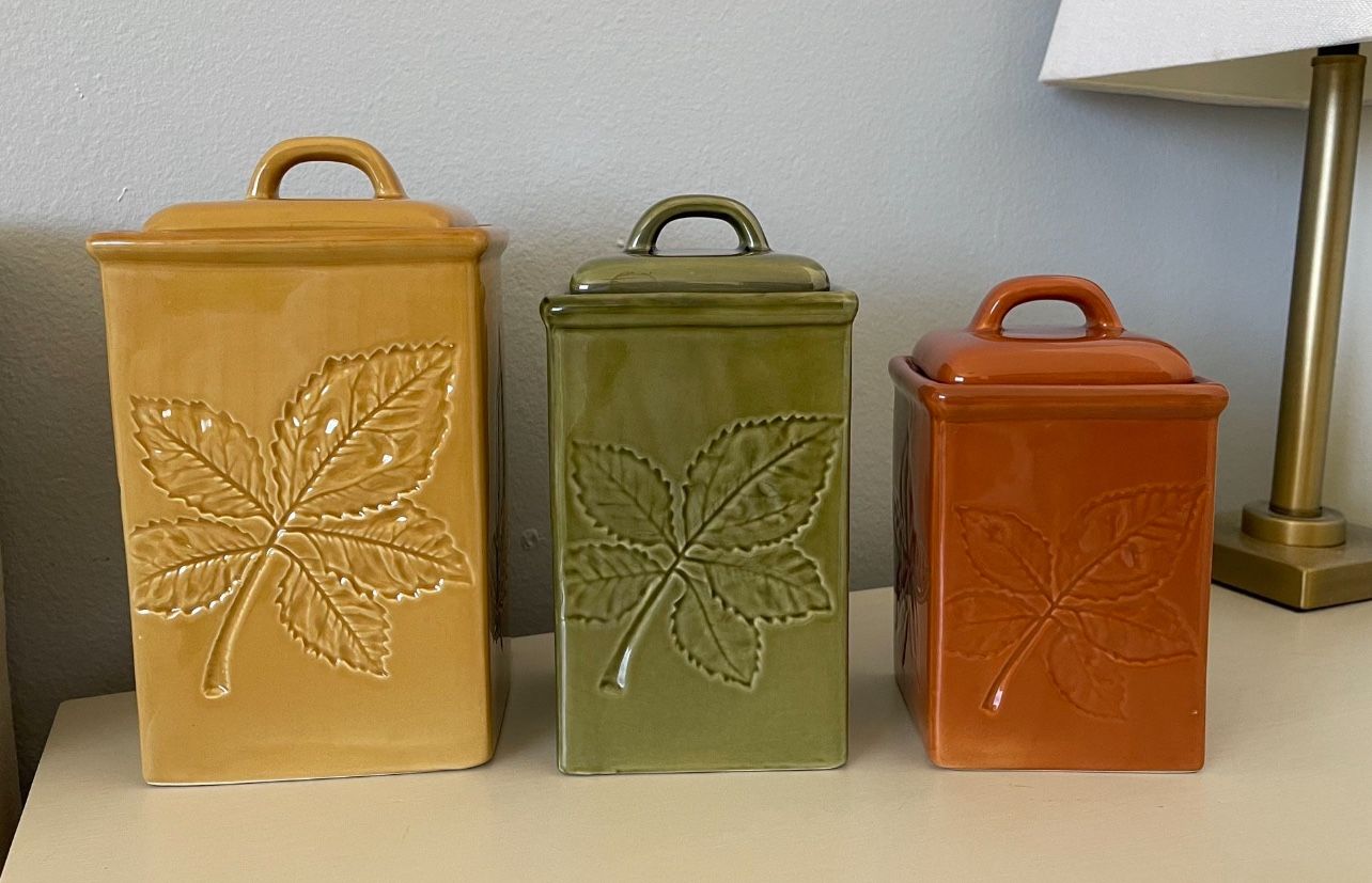 3 Vintage Lillian Vernon Leaf Leaves Canister Set Yellow Green Brown