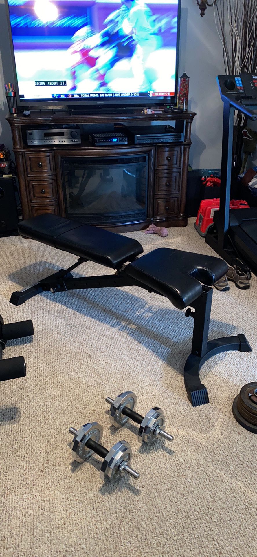 Workout bench with like attachment and dumbbell