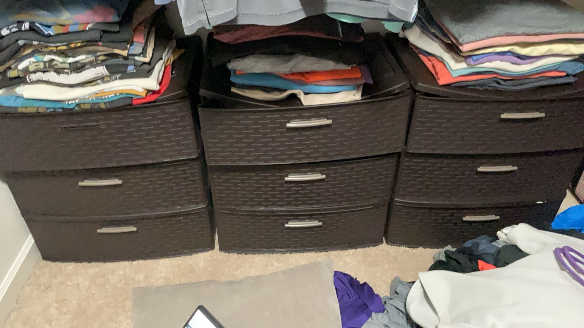 Three individual bins with three drawers each