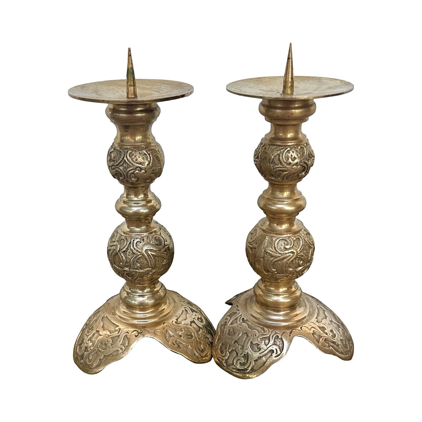 Pair Vintage Brass Candle Holders for Pillar Ornate Gothic French Inspired