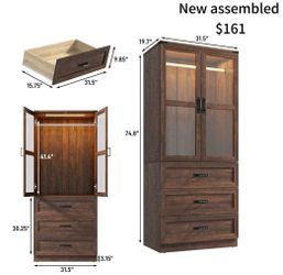 😀 75" Tall Farmhouse 2 Doors Armoire Wardrobe Closet with 3 Drawers and LED,Freestanding Closet Wardrobe Cabinet for Bedroom with Hanging Rod,Wooden 