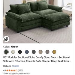 86” Green Sectional Sofa With Ottoman
