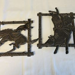 Cast Iron Western Cowboys Riding Horse & Bull Trivets