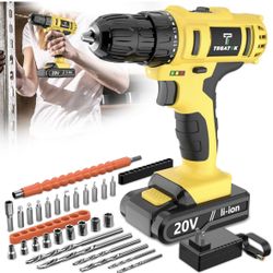 20V Cordless Drill Set, Impact Power Drill with 3/8 Inch Keyless Chuck, 18+3 Clutch Electric Drill with Work Light, Max torque 45Nm, 2-Variable Speed