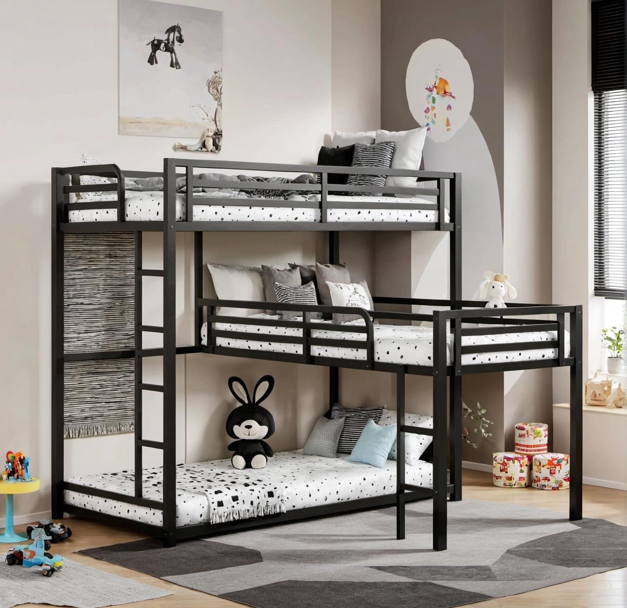 Full Triple Bunk Bed with Side Ladder & Guardrails, Metal Full Triple Bunk Bed Black