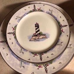 Nautical Dinnerware - Serves 4! 21 Pieces At A Great Price! See Photos!  Lighthouse Theme  Dish Set