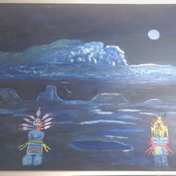Kachina Spirit Dancers acrylic on canvas panel in Blue painting 14x18",Signed