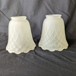 Pair Vintage Frosted Quilted Scalloped Glass Lamp/Ceiling Fan Light Shade 2" fitter