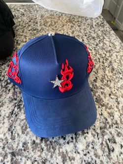 Navy Blue Suede Hat with Red Flames & Rhinestone Star Cap