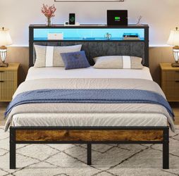 Liians Queen size bed base with 2-tier storage shelf headboard, platform bed with charging station, LED lights, no box spring needed, no noise