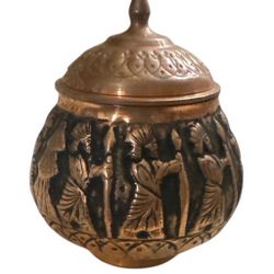 Antique Handmade Persian Middle East Turkish Tin Jar Box Metal Copper Engraved