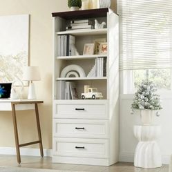 Bookcase with Drawers, 71 Inch Tall Storage Cabinet with 3 Drawers and Adjustable Shelf, Wood Bookshelf with Storage, Modern Combinable Book Shelf for