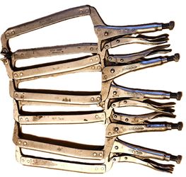 Five vintage VISE-GRIP Locking C Clamps: 4x18R & 1x18SP, Used, VGC