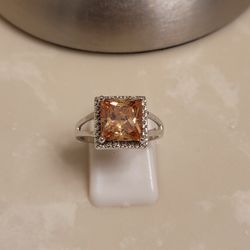 Silver CZ and Orange Citrine Ring Size 7