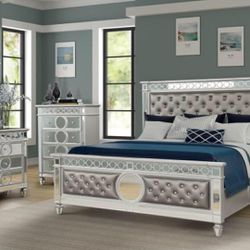 Memorial Day Sale, Clean, Mirror design with Crystal upholstered Bedroom Set in silver  