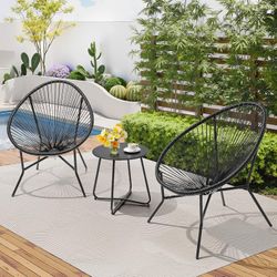 3 Piece Patio Bistro Set, Outdoor Acapulco Chairs with a Coffee Table, All-Weather PE Rattan Patio Furniture Set for Balcony, Garden, Proch, Black