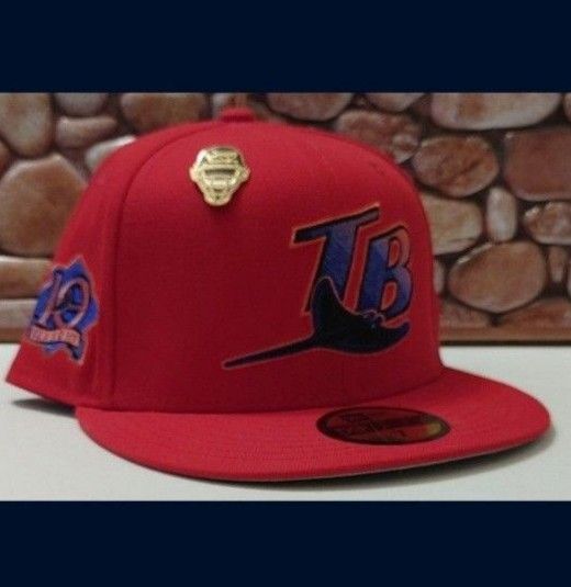 Tampa Bay DEVIL RAYS Size 7 New Era 59FIFTY RED "10TH ANNIVERSARY" SIDEPATCH HAT (NWT) COMES W/PIN! Please Read Description.