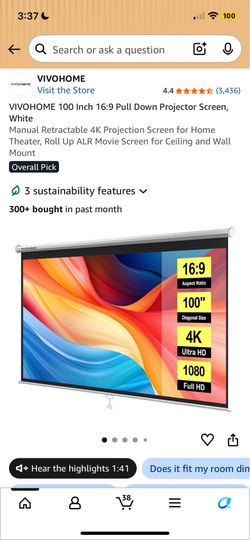 VIVOHOME 100 Inch 16:9 Pull Down Projector Screen, White