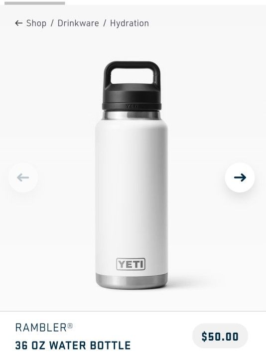 Official YETI Rambler 36oz Metal Water Bottle w/Chug Cap