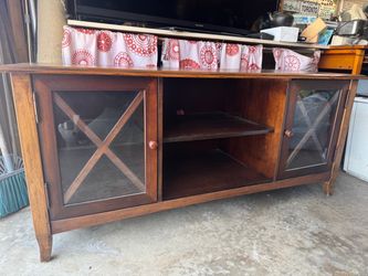 Wood TV Stand with Glass Cabinet Doors