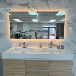 60" Double Sink Floating Natural Wood Color Bathroom Vanity 
