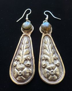Tibetan Silver & Labradorite Stone Statement Earrings ~ Boho ~ Tribal 